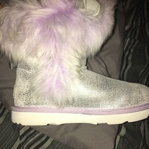 Silver and purple girls uggs with purple fur